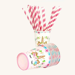 Rainbow unicorn party paper cups and striped straws set for birthday decoration