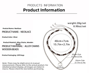 Detailed sizing chart for three-layer silver chain necklace with wood beads and round pendant