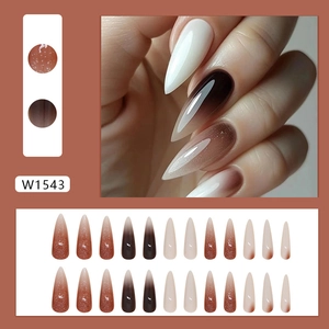 Brown gradient stiletto press-on nails with glitter accents, 24-piece full set