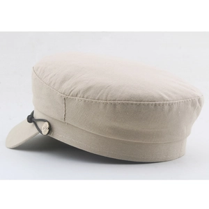 Classic beige newsboy cap with black decorative cord and metallic buttons on white background