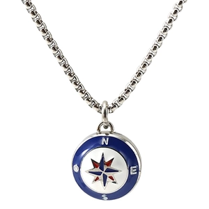 Compass pendant necklace in stainless steel with blue enamel and box chain detailing