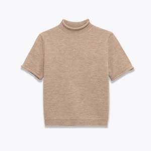 Elegant beige mock neck short sleeve knit sweater top with ribbed hem for women