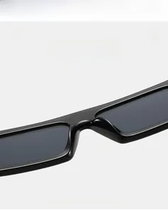 Detail of high-quality lightweight rectangle sunglasses with polished black frames