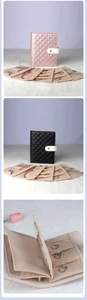Quilted leather jewelry organizer roll with multi-layer binder and ring storage in pink and black