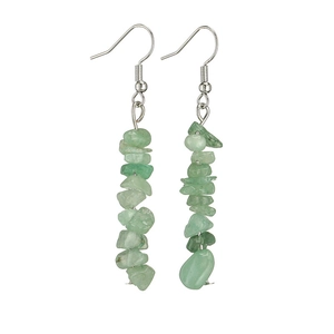 Handmade long drop earrings featuring green natural crushed stones and silver metal hooks