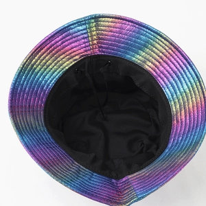 Holographic gradient bucket hat with adjustable inner drawstring and black fabric lining