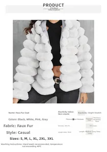 Detailed size chart and specifications for the striped faux fur jacket in multiple colors