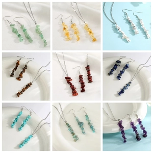 Natural Crystal Gravel Necklace And Earrings Jewelry Irregular Stone Stainless Steel Chain Bohemian Boho For Women