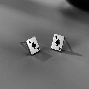 Minimalist silver clover Ace poker titanium steel stud earrings with creative shadow play