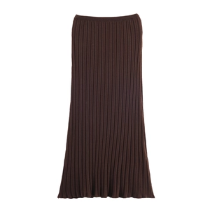 Detail of dark brown knitted maxi skirt with vertical rib texture and elastic waist