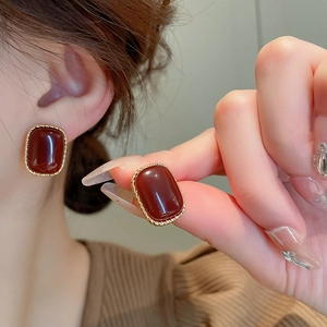French vintage acrylic rectangle stud earrings with gold twist border and amber finish