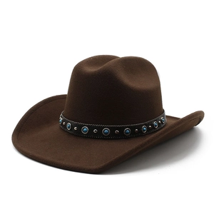 Classic dark brown felt cowboy hat with ethnic style turquoise and silver studded band