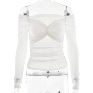 White off-shoulder mesh long sleeve top with elegant pleated details for women