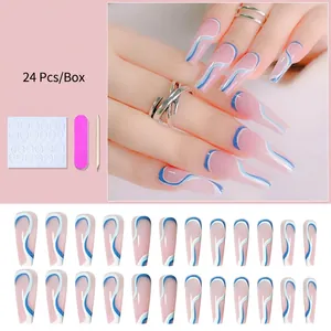 Kit détaillé de 24 faux ongles ballerine roses avec motifs de vagues bleues et outils