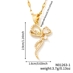 Detail of butterfly zircon pendant necklace with product dimensions and specifications