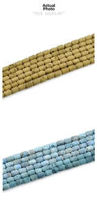 Detailed tile display of natural druzy agate barrel beads in golden and peacock blue colors