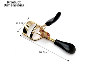 Detail showing dimensions of portable golden stainless steel eyelash curler measuring 10.7cm