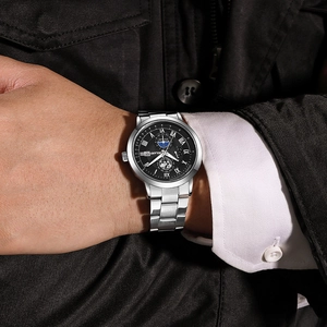 Orologio classico da uomo in acciaio inossidabile argento con quadrante nero fasi lunari