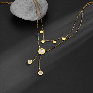 Double-layered gold titanium necklace with Roman numeral discs and shell tassel charms