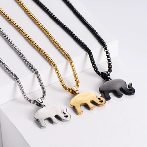 Three-color brushed stainless steel elephant pendant necklaces in gold, silver, and black