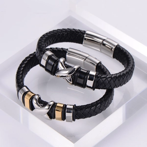 Braided leather bracelets for men with stainless steel magnetic clasps in silver and gold