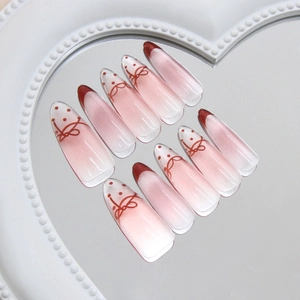 Handmade Press On Nails ABS Plastic Cat Eye French Gradient Bow Polka Dot Long Almond Shape Elegant Sweet For Women
