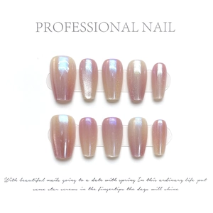 Macro shot of 10pcs long coffin aurora pink press-on nails with pearl shimmer finish