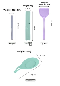 Silicone kitchen utensil set dimensions including spatula, mat, scraper and spoon rest