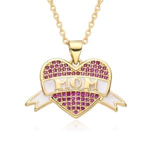 Golden heart necklace with purple pavé stones and MOM lettering for Mother's Day