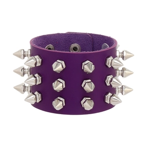 Detailed view of purple leather punk bracelet with triple rows of silver cone spikes