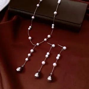 French Retro Faux Artificial Pearl Jewelry Set Teardrop Pendant Y-Shaped Necklace Long Tassel Earrings With Silver Earring Post For Women
