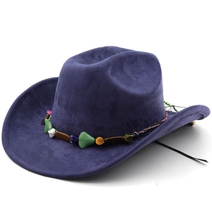 Navy blue faux suede cowboy hat featuring bohemian beaded trim and turquoise accents