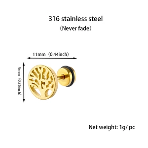 Detailed view of 316L stainless steel gold tree of life stud earring with size dimensions