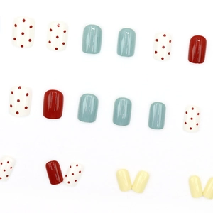 Minimalist square round fake nails with colorful polka dots and vibrant solid colors