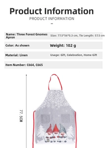 Detailed view of Christmas burlap apron with three gnomes and precise size specifications