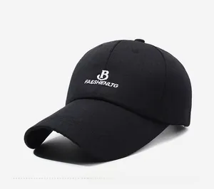 Detailed side view of black cotton baseball cap with white letter B embroidery
