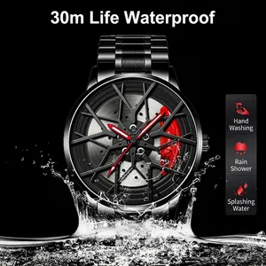Waterproof car wheel hub watch for men with red brake calipers and black steel band