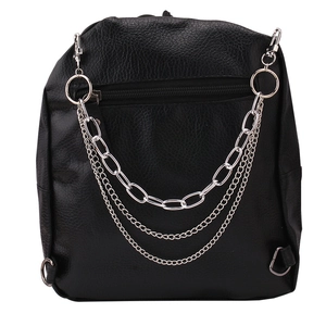 Detailed back view of a black leather backpack featuring triple silver metal chain accents