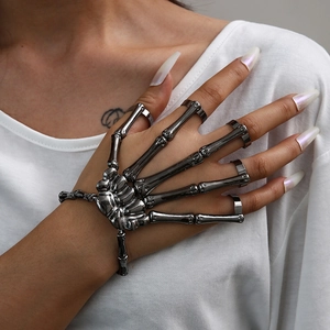 Skeleton Hand Bone Bracelet With Rings Alloy Gothic Punk Halloween Novelty Jewelry For Unisex Men Women