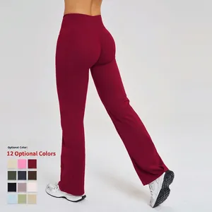 Pantalon de yoga évasé taille haute bordeaux avec taille croisée et 12 options de couleurs