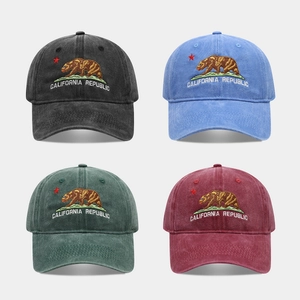 California Republic Bear Embroidery Baseball Cap Washed Cotton Vintage Soft Top Adjustable Sun Hat For Men Women