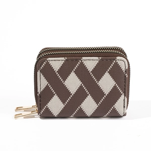 Coffee and beige diamond pattern accordion card wallet with dual metal zippers