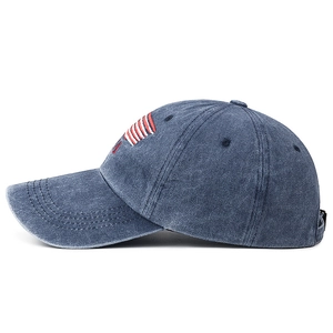 Vintage navy blue washed cotton baseball cap with USA flag embroidery and adjustable strap