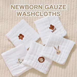 Soft 5-piece newborn muslin cotton washcloth set with cute animal and plant embroidery