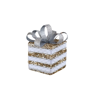 Sparkling silver and gold glitter gift box Christmas ornament with a top bow decoration