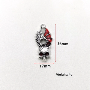 Gothic silver skull pendant with red wings for DIY jewelry 36mm by 17mm size