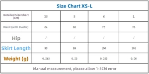 Size chart for women casual printed skirt from XS to L with waist and length in CM