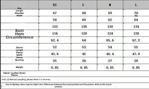 Detailed size chart for retro lapel coated leather jacket with measurements in centimeters