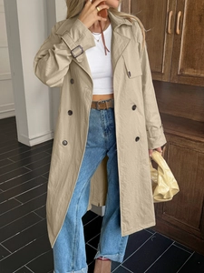 Trench Lungo Da Donna Doppio Petto Con Cintura Poliestere Tinta Unita Revers Classico Urbano Capispalla