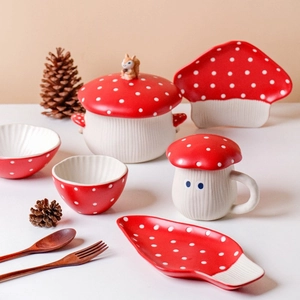 Cute red mushroom ceramic tableware set with squirrel lid soup bowl and dinner plates